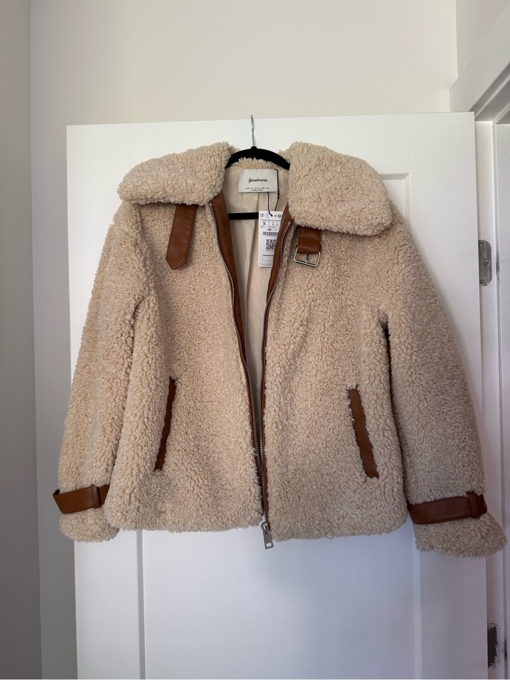 stradivarius Cream Teddy Jacket with Brown Trim